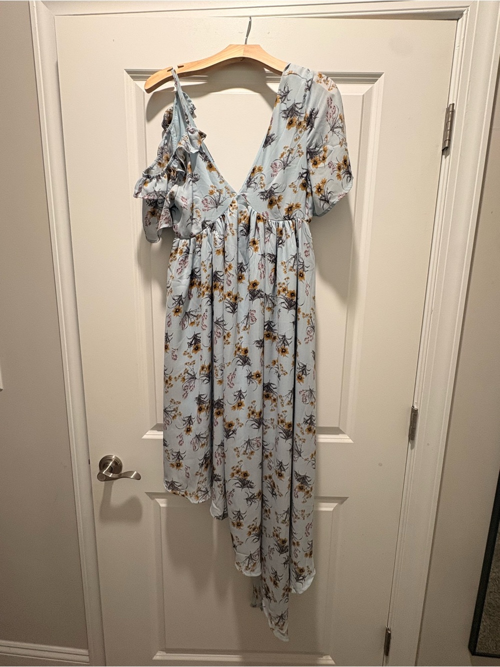 Asymmetrical Light Blue Floral Maxi Dress